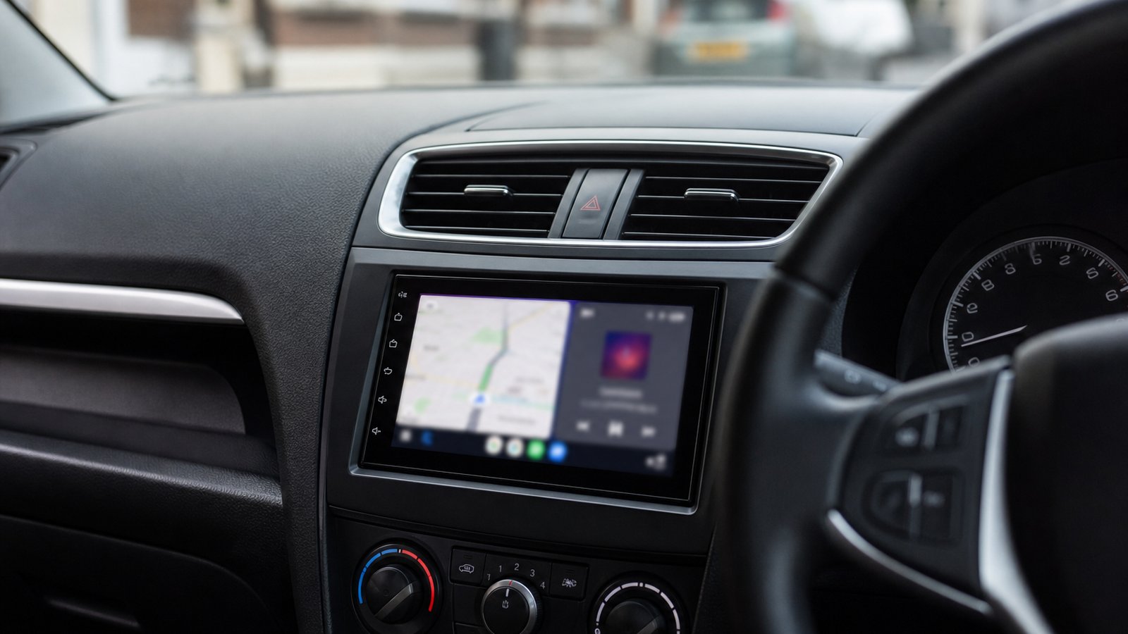 Installed Double DIN Android car stereo in a UK car dashboard